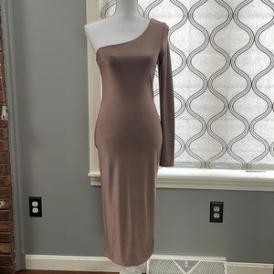 ONE SHOULDER LONG SLEEVE MOCHA BROWN BODYCON DRESS